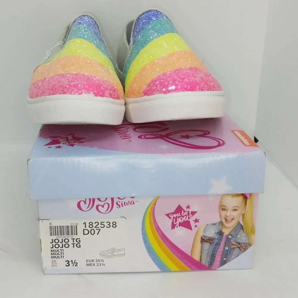 JoJo Siwa Girls NEW w/Box Rainbow Glitter Slip-on Sneakers - sz. 3 1/2 CUTE!